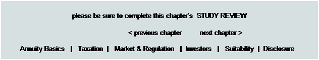 Text Box:  
please be sure to complete this chapters  STUDY REVIEW
 
                                                              < previous chapter         next chapter >
 
Annuity Basics   |   Taxation  |   Market & Regulation   |  Investors   |   Suitability  |  Disclosure   
 
