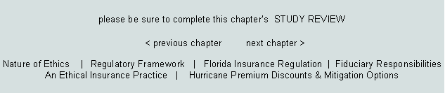 Text Box: please be sure to complete this chapters  STUDY REVIEW							< previous chapter         next chapter >Nature of Ethics    |   Regulatory Framework   |   Florida Insurance Regulation  |  Fiduciary Responsibilities  An Ethical Insurance Practice   |    Hurricane Premium Discounts & Mitigation Options  
