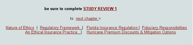 Text Box: 				be sure to complete STUDY REVIEW 1  							to  next chapter >Nature of Ethics  |  Regulatory Framework  |   Florida Insurance Regulation |  Fiduciary Responsibilities  An Ethical Insurance Practice   |    Hurricane Premium Discounts & Mitigation Options  