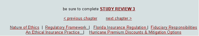 Text Box: be sure to complete STUDY REVIEW 3						< previous chapter       next chapter >Nature of Ethics  |  Regulatory Framework  |   Florida Insurance Regulation |  Fiduciary Responsibilities  An Ethical Insurance Practice   |    Hurricane Premium Discounts & Mitigation Options  
